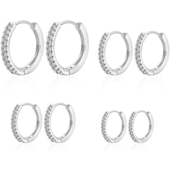 4 set-SL Sterling Silver Dainty Huggie Cubic Zirconia Hoop Earrings for Women - Picture 5 of 6